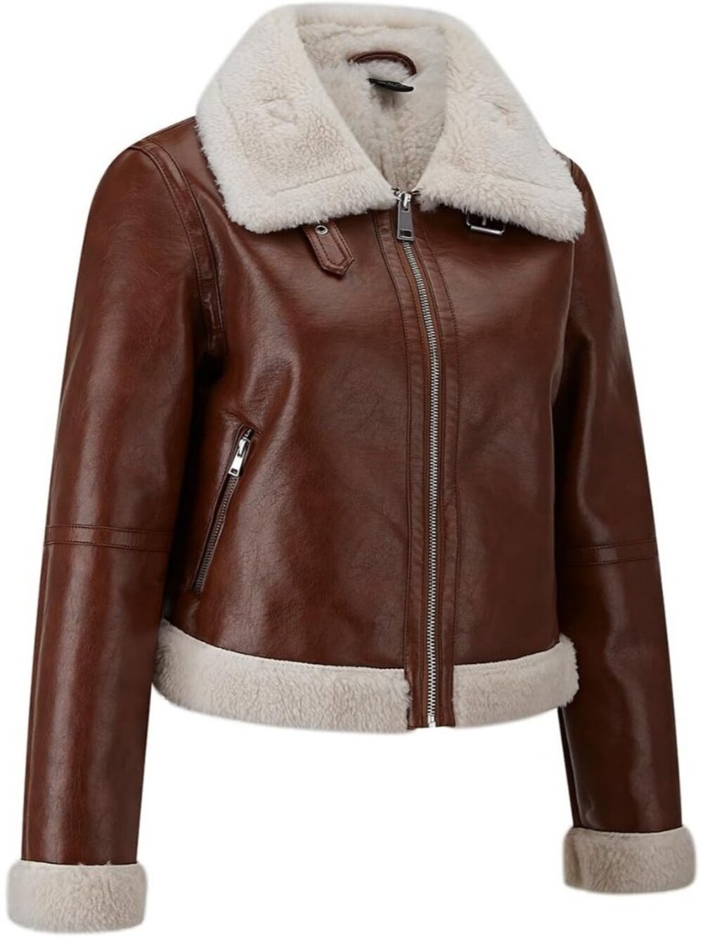 Women's Brown Poly urethane Oversized Motorcycle Zipper Casual Leather Jacket - Picture 2 of 5